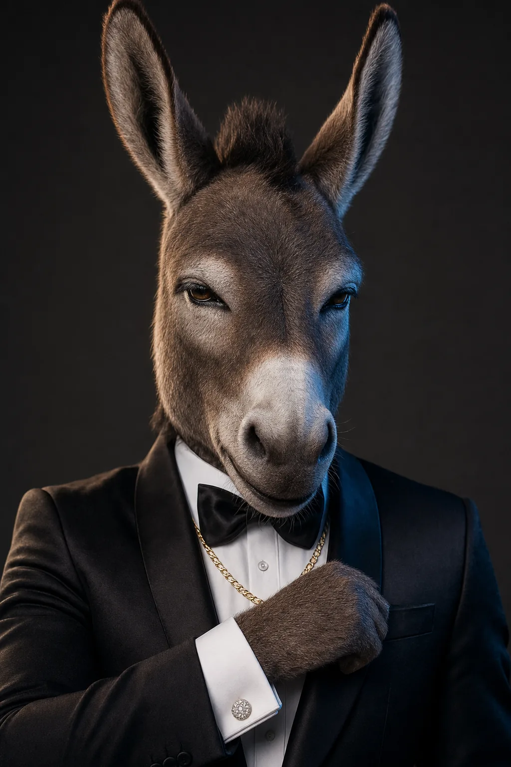 Studio portrait: the badass donkey in a black tuxedo and bow tie