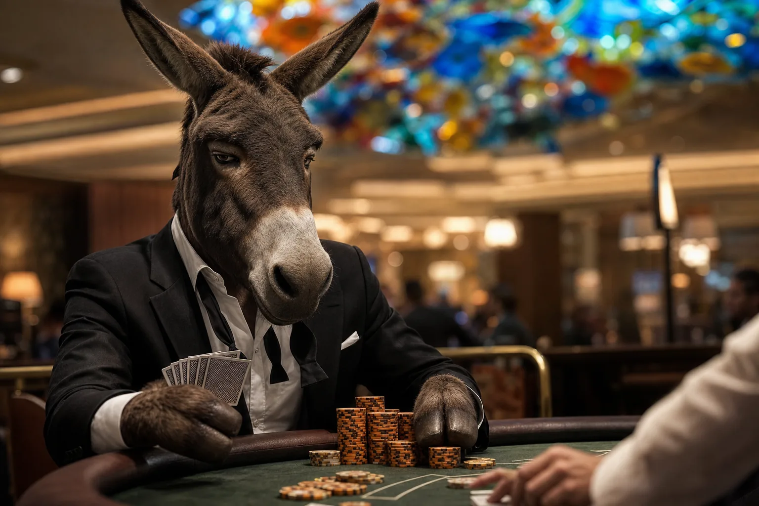 Sharp-dressed donkey at the Bellagio high-limit blackjack pit