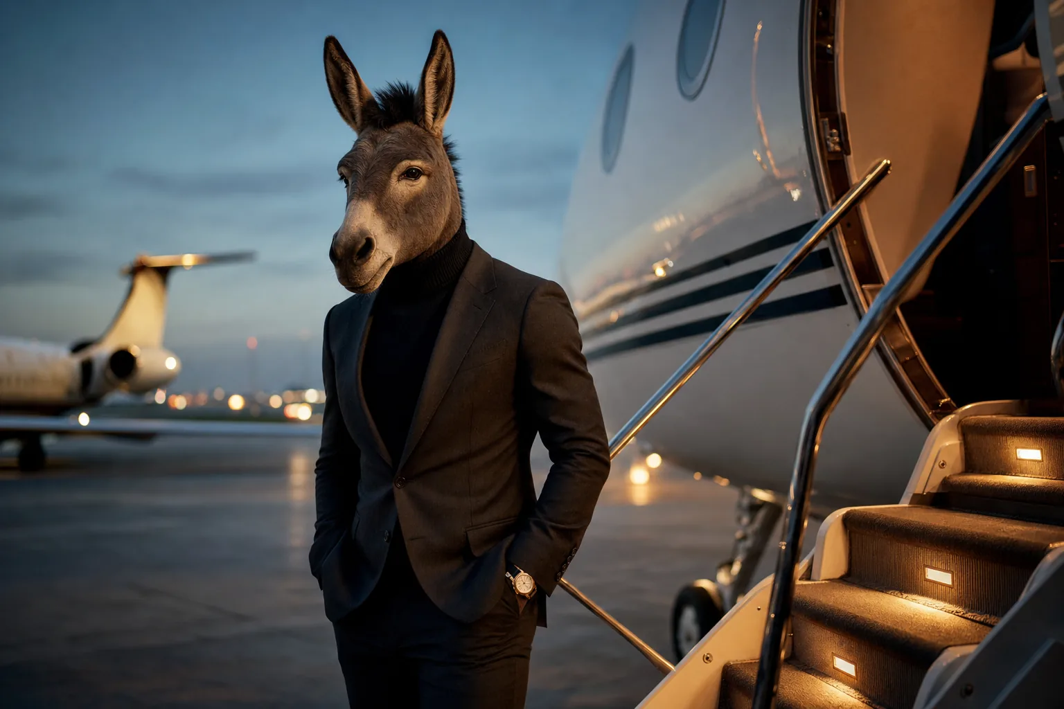 Sharp-dressed donkey boarding a private Gulfstream jet at dusk