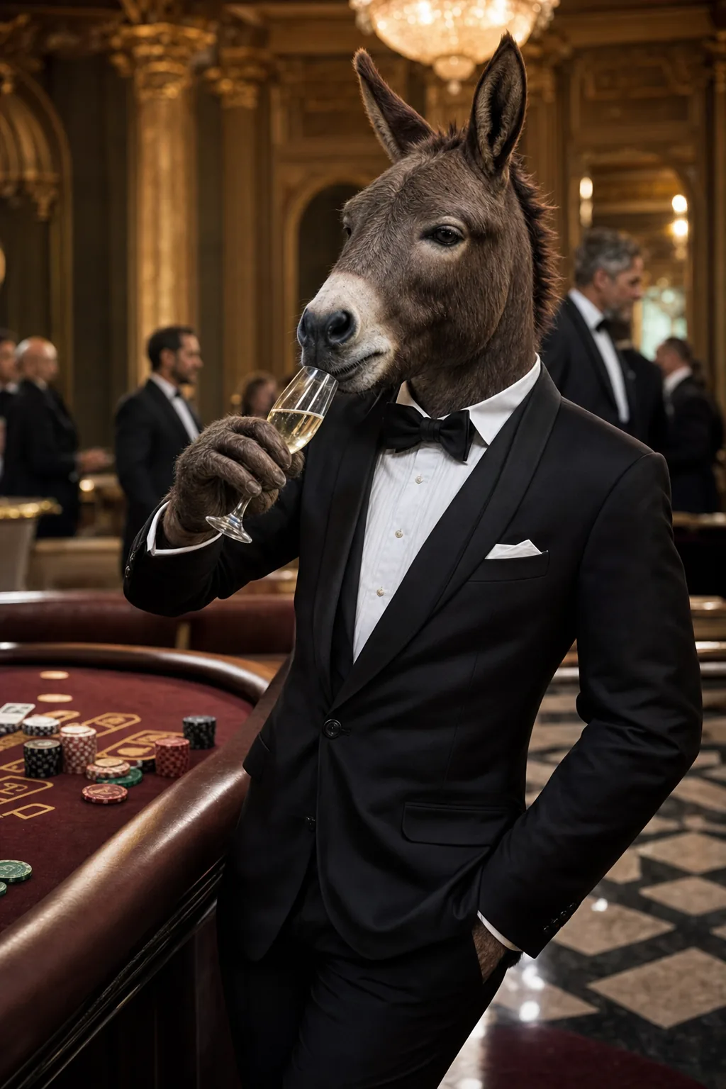Sharp-dressed donkey at the Monte Carlo poker table with champagne