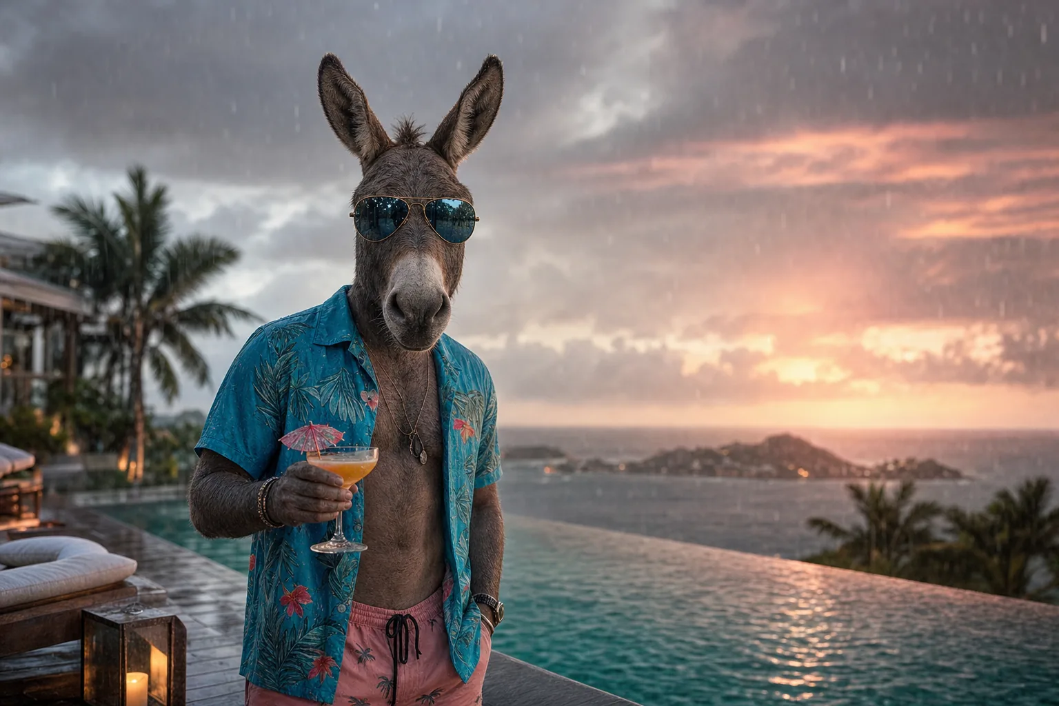 Sharp-dressed donkey in a turquoise Hawaiian shirt at a St Barts rooftop infinity pool in the rain at sunset