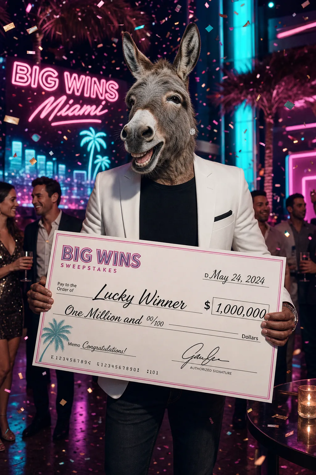 Sharp-dressed donkey in a white blazer holding an oversized cheque under Miami Vice neon