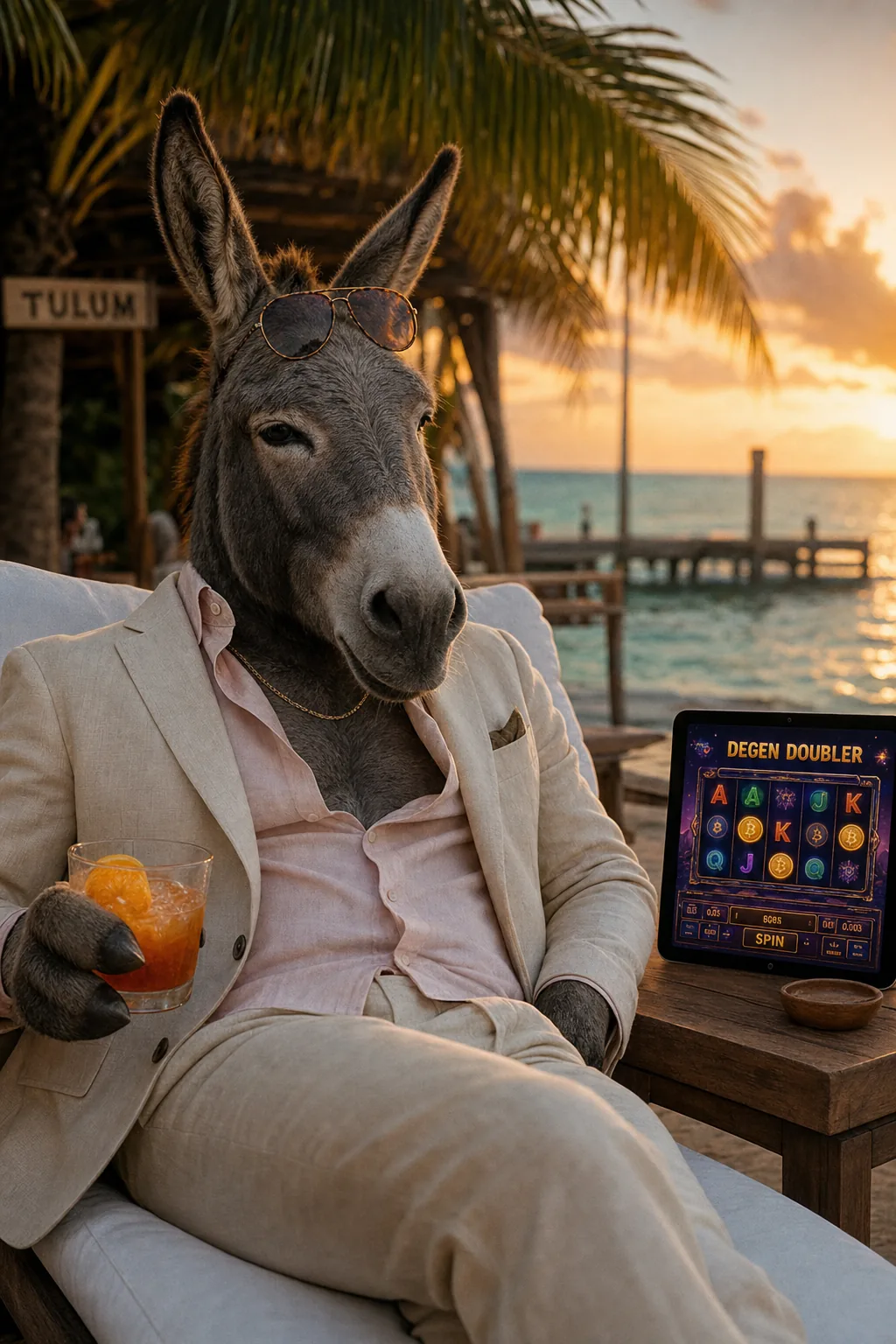 Sharp-dressed donkey in cream linen at a Tulum beach club with a cocktail and a Degen Doubler slot tablet