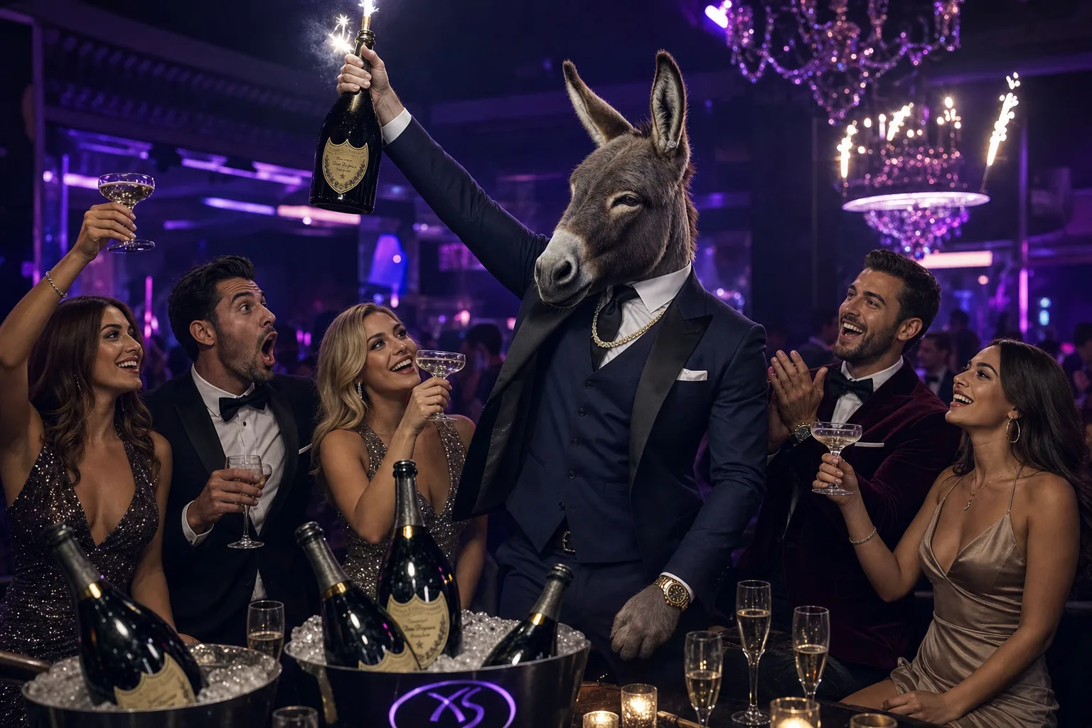 Badass donkey in a navy tuxedo raising a Dom Perignon sparkler bottle at the XS Vegas VIP nightclub while his adoring crew of five cheers him on around a table stacked with Ace of Spades and Dom Perignon in ice buckets