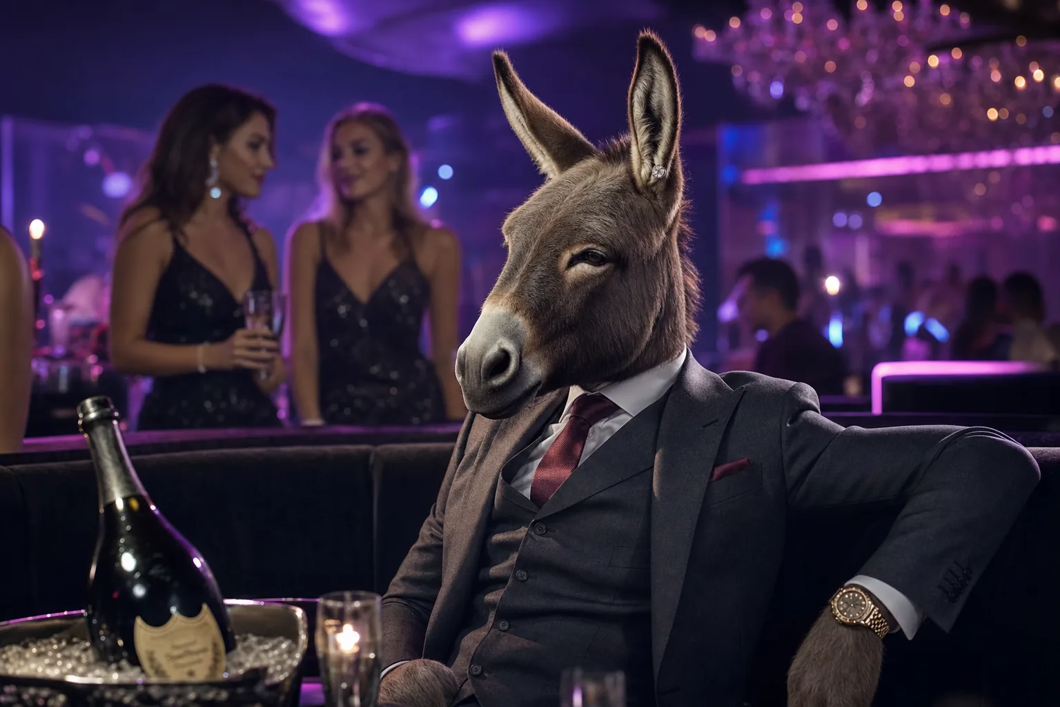 Sharp-dressed donkey in the Vegas VIP nightclub raising Dom Perignon