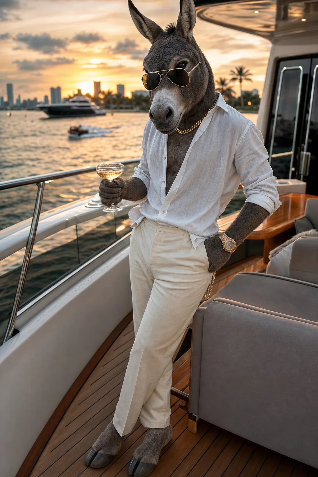 Sharp-dressed donkey in cream linen on a Miami superyacht at sunset