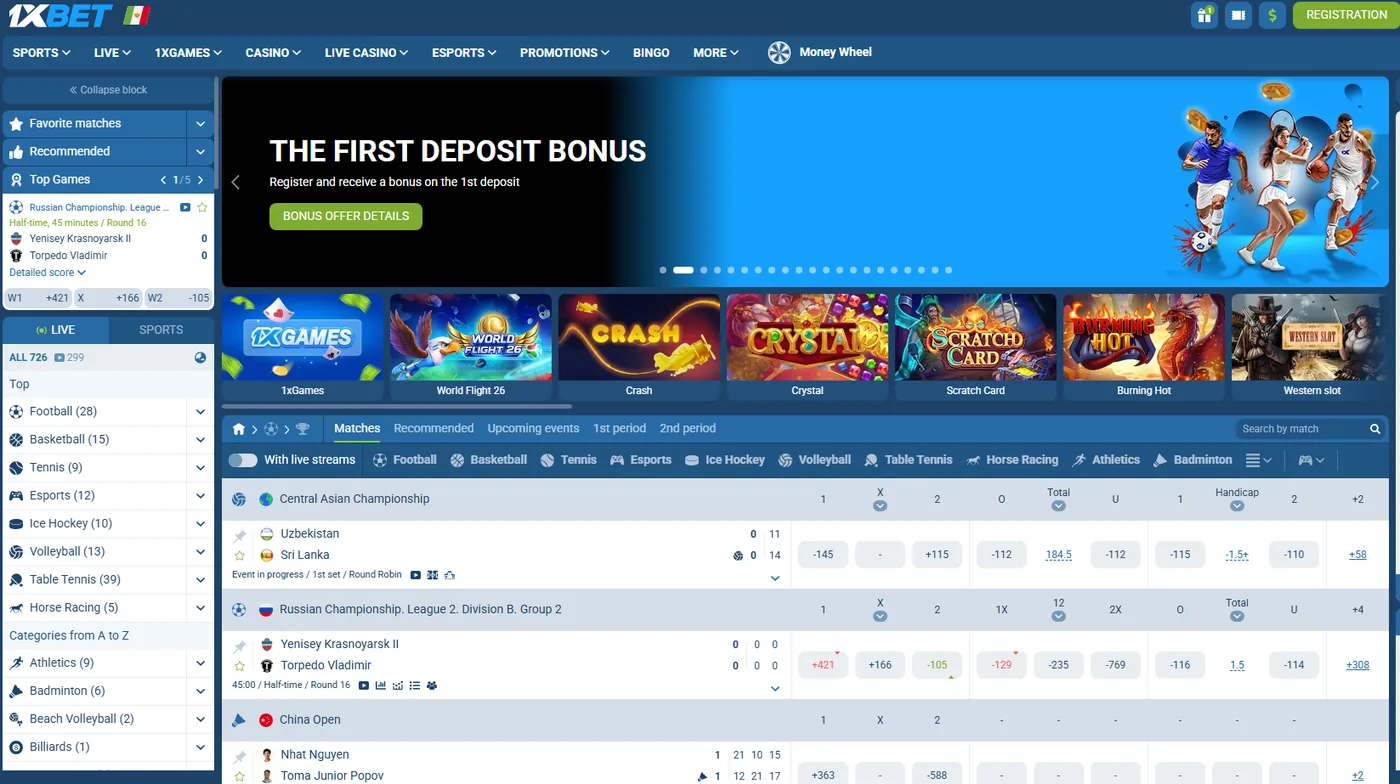 1xBet home page: live football, basketball, tennis and esports odds side by side, with the top of the page dominated by the deposit-bonus banner.