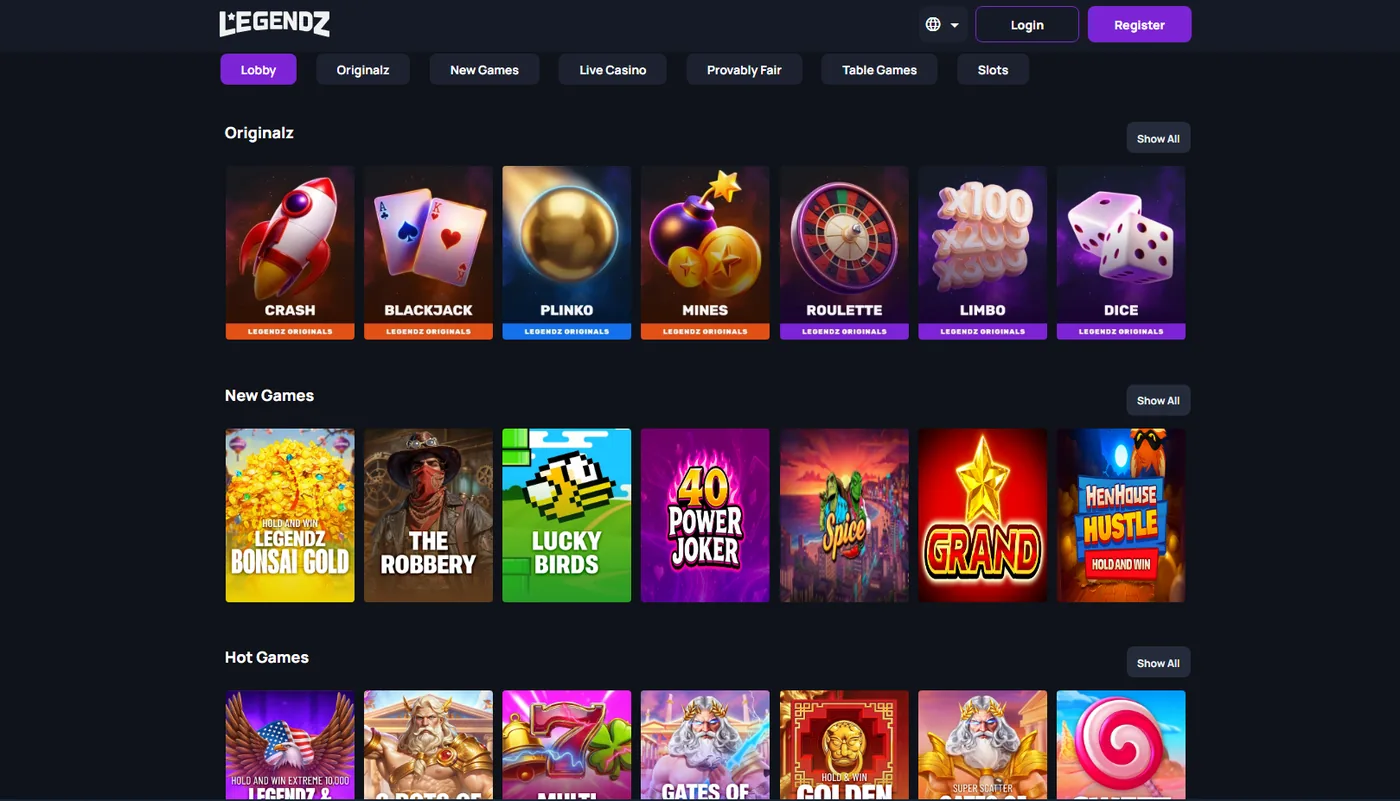 Legendz casino lobby: sweepstakes slots and table games, all playable in Gold Coin mode or Sweeps Coin mode.