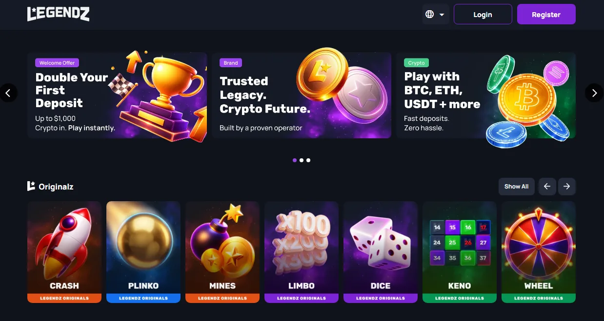 Legendz home: highlighted matches across NFL, NBA, MLB and NHL, framed as Gold Coin play with Sweeps Coin overlays.