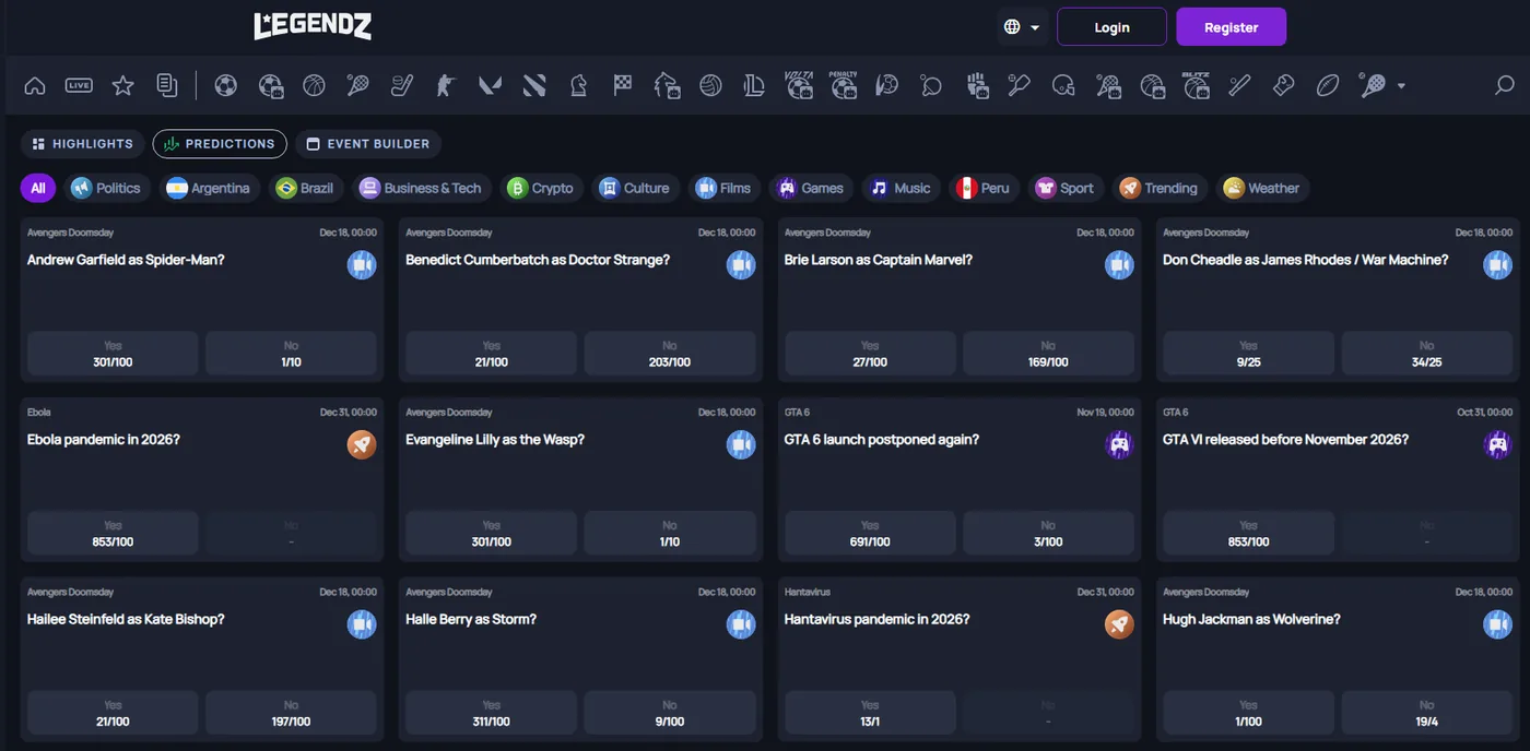 Legendz Predictions markets: yes/no prop pricing on culture, sport, films and current events.