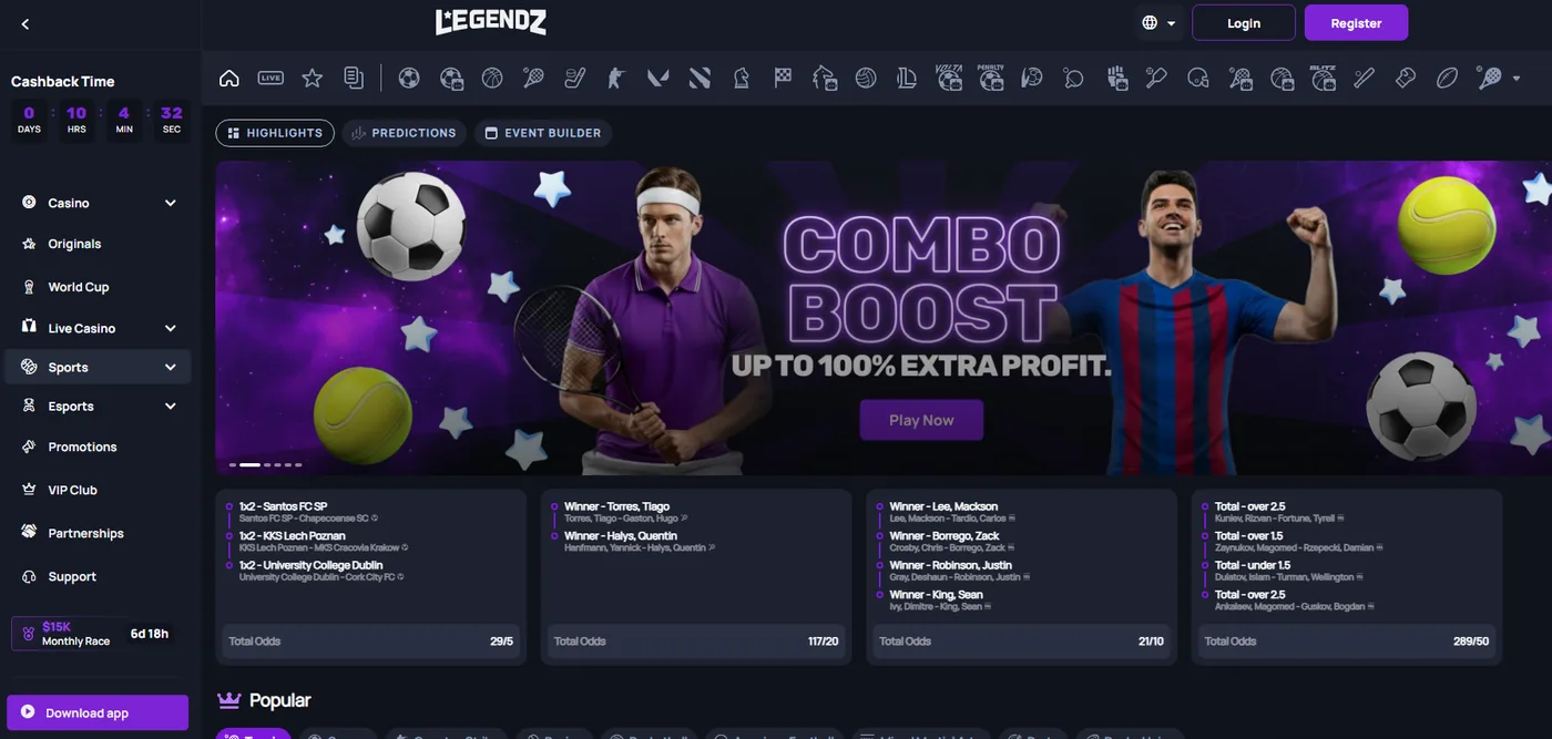 Legendz sportsbook: full US-focused slate with the same odds format across Gold Coin and Sweeps Coin play.