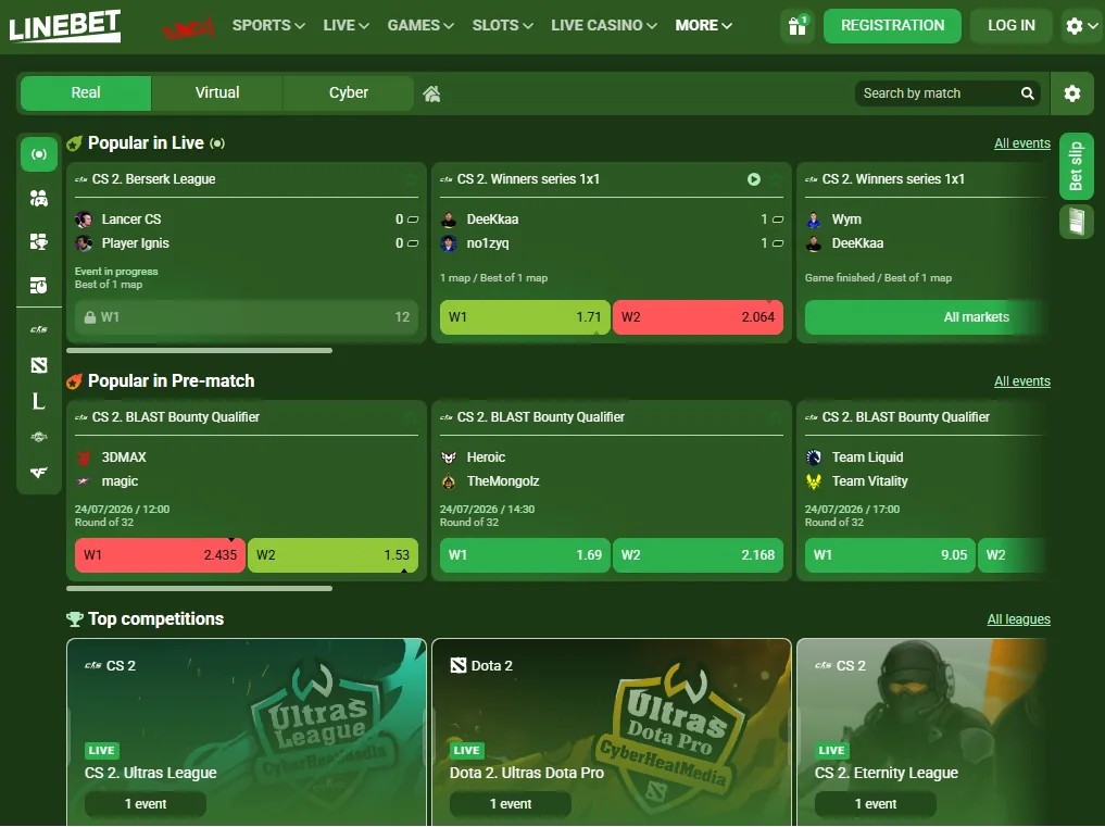 Linebet esports: Counter-Strike, Dota 2, League of Legends and Valorant with map, round and player-prop markets.