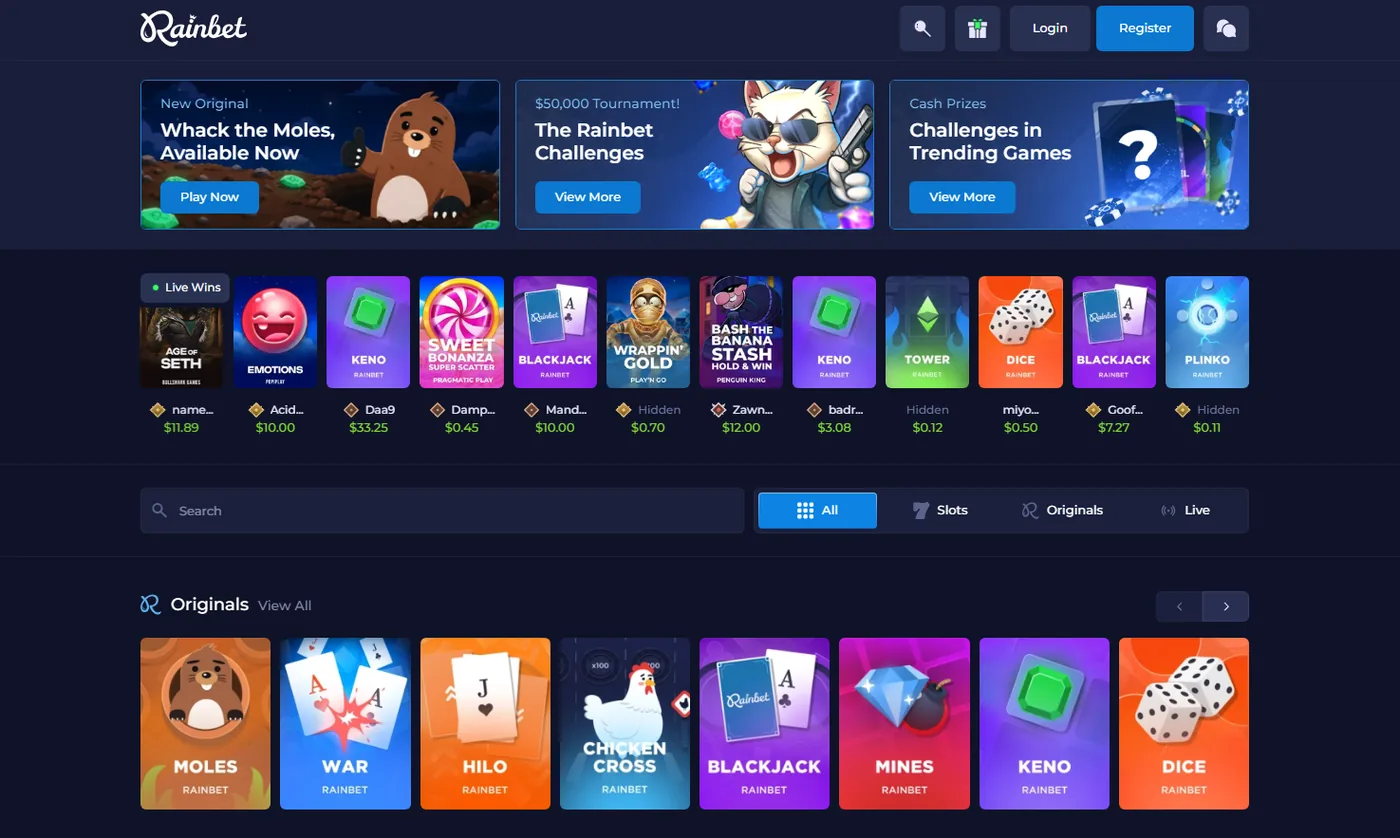 Rainbet casino: slots and originals from Pragmatic, Hacksaw and in-house studios.
