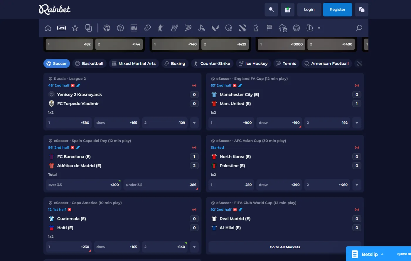 Rainbet live sports: in-play pricing with visualisers and cash-out on qualifying markets.