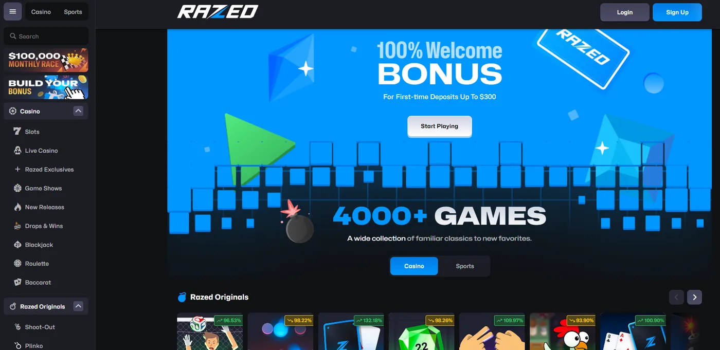 Razed home: the sportsbook and casino share a single wallet, with the welcome cash-match banner on top.