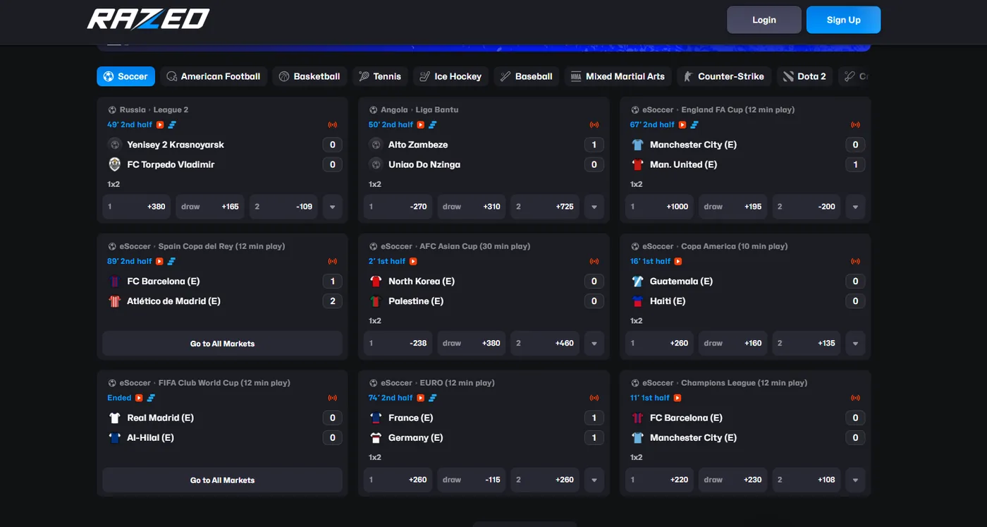 Razed live esports: in-play markets on Counter-Strike, Dota 2 and League of Legends.