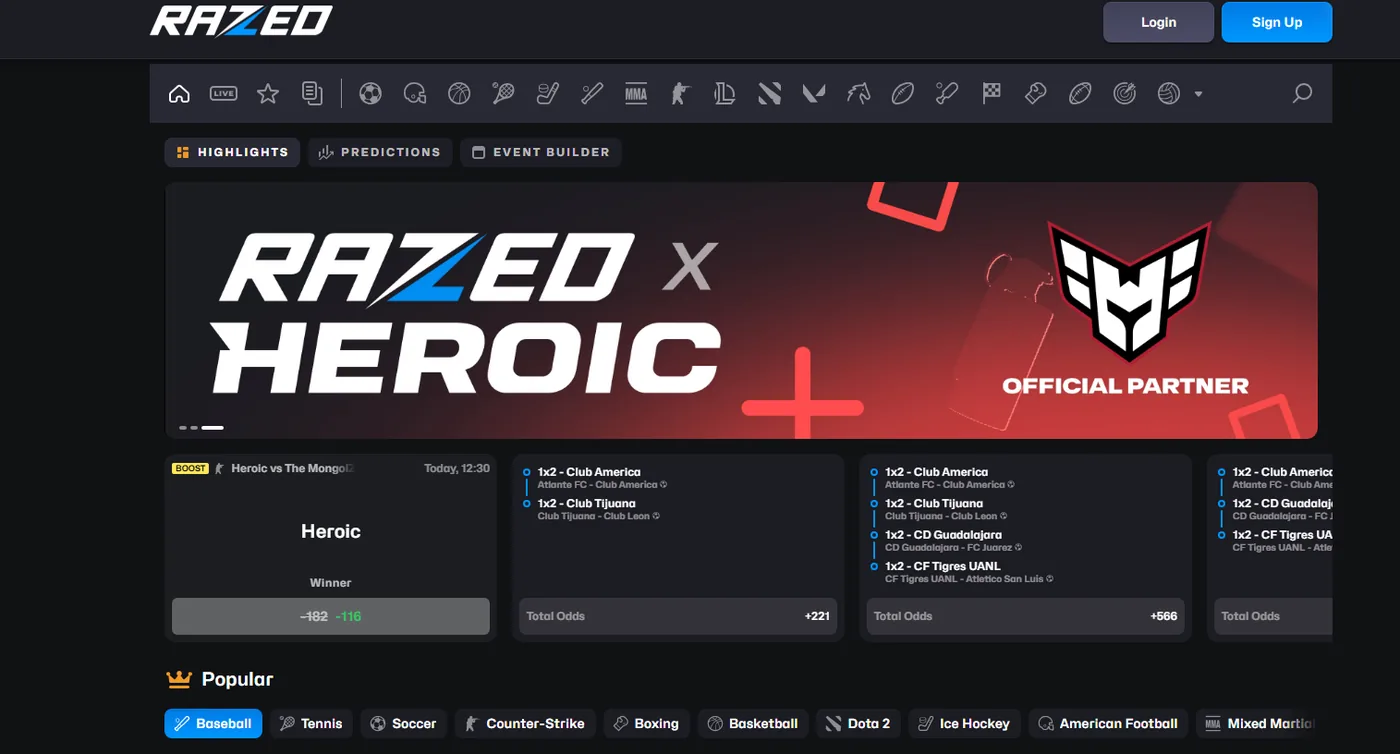 Razed sportsbook: US, European and Asian leagues priced side by side.