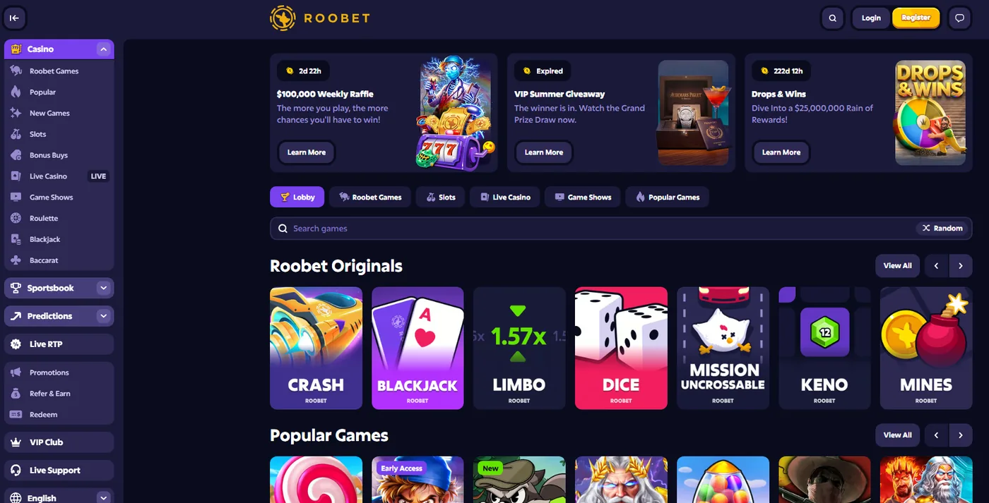 Roobet casino lobby: slots, live dealer and the Roobet Originals catalogue.