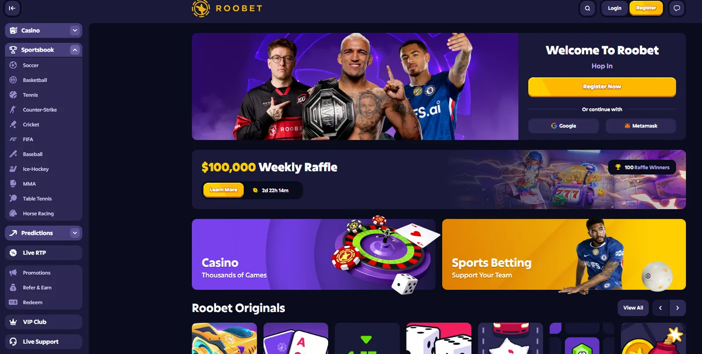 Roobet home: crash and originals on top, slots and live dealer one tab across.