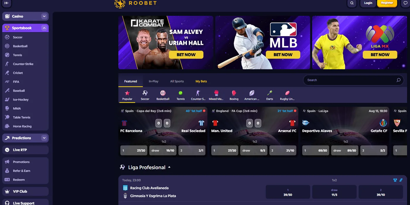 Roobet sportsbook: mainstream US and European sport with esports one tab across.