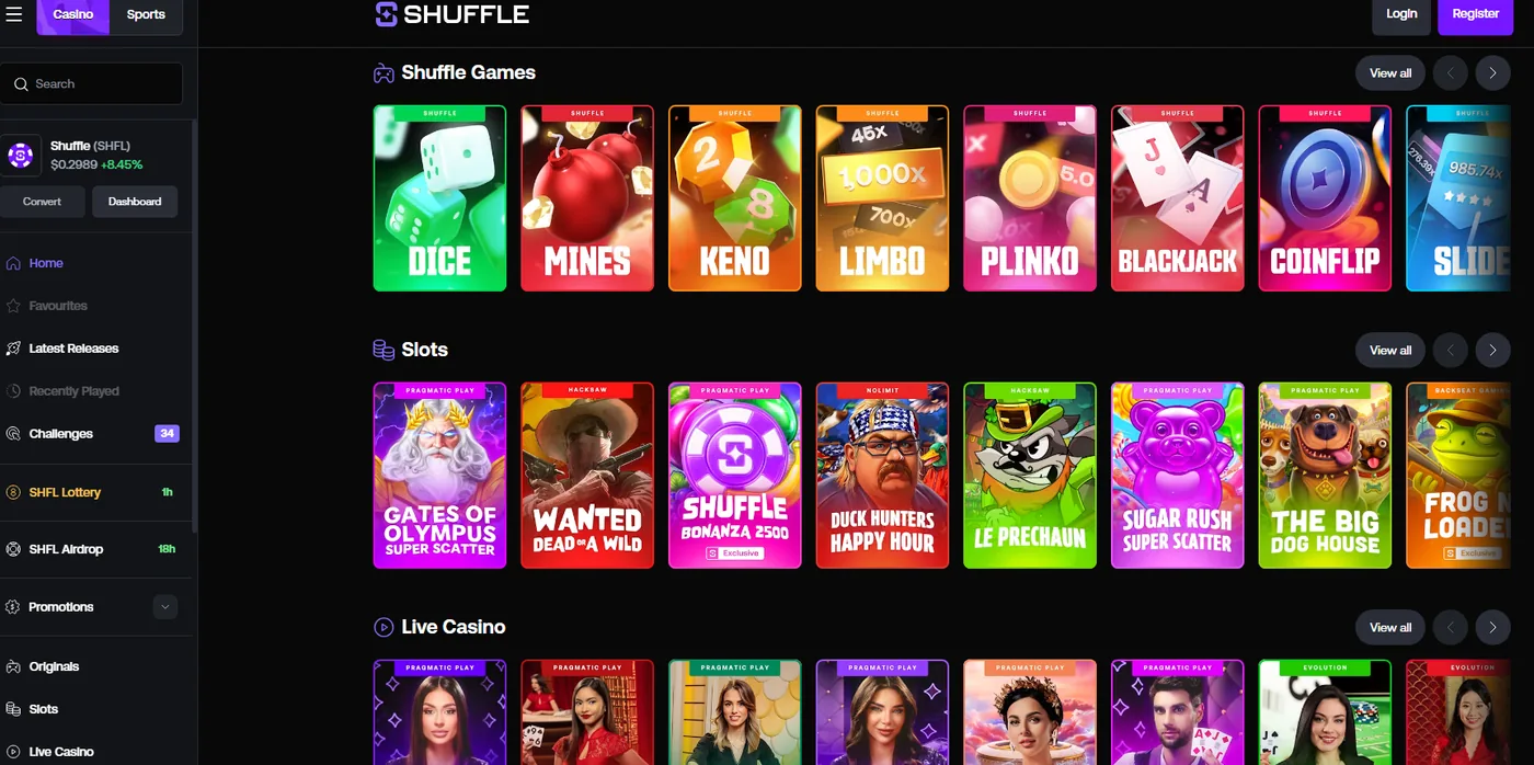 Shuffle casino: a mix of studio slots and Shuffle in-house originals in one lobby.