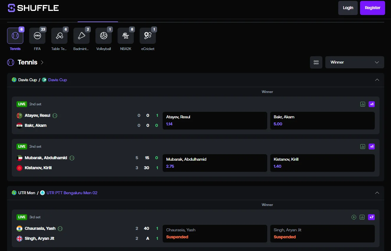 Shuffle live betting: in-play pricing updates and cash-out on qualifying markets.