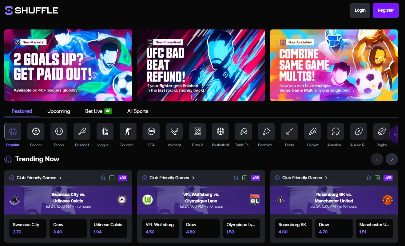 Shuffle sportsbook: main-market coverage across football, basketball, MMA and esports.