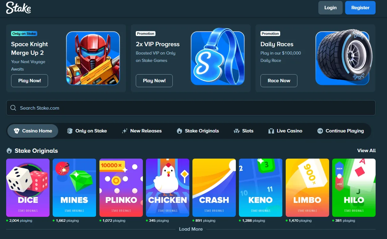 Stake casino: the industry benchmark catalogue with Pragmatic, Play'n GO and Hacksaw across the top.