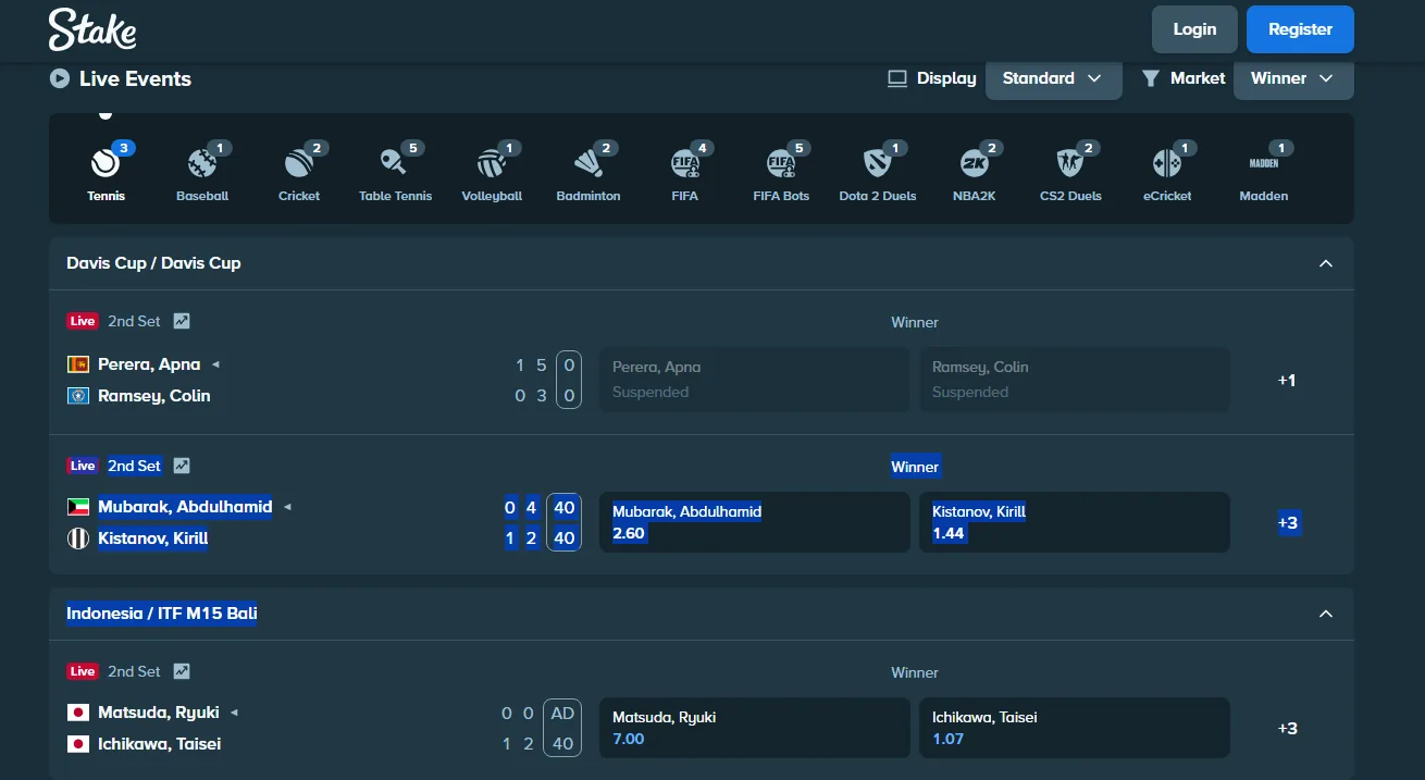 Stake live betting: in-play pricing on high-liquidity markets.